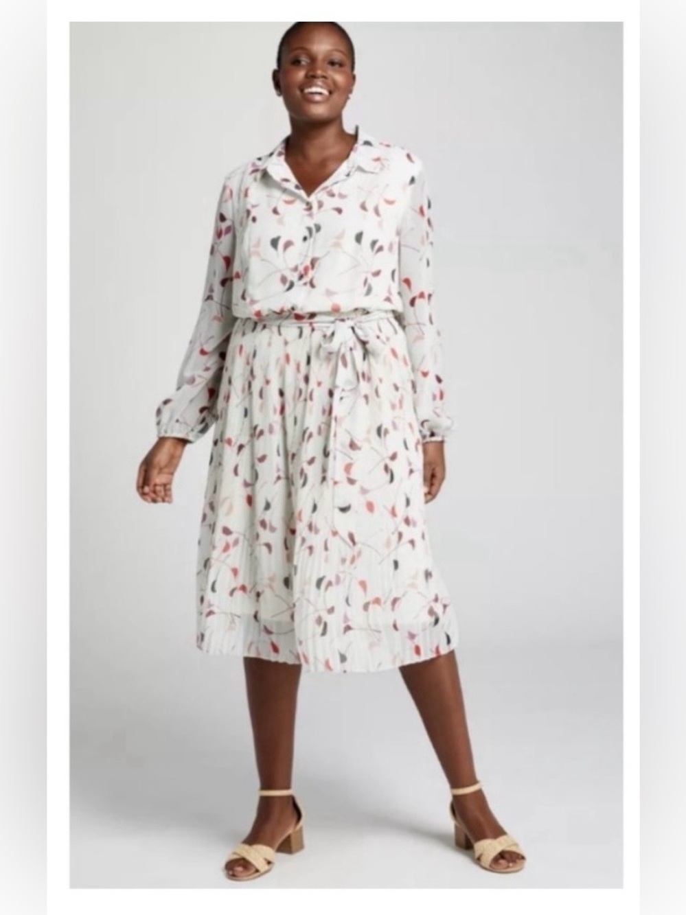 Lane Bryant Long Sleeve Pleated Airy Shirt Dress Chiffon Fabric Size 16 Collar